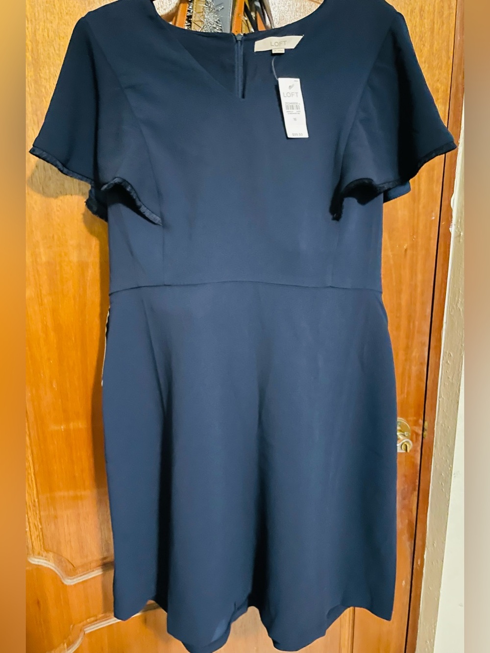 LOFT Navy Flutter-Sleeve Fit-and-Flare Dress